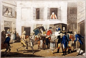 Inn Yard at Calais, pub. af William Holland, London, 1790 (håndfarvet akvatint) af Frederick George Byron