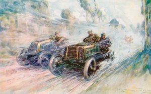 En britisk chauffør, Charles Jarrott, vinder 1902 Circuit des Ardennes med den berømte "70" Panhard (farve litho)
