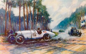 Amerikas første succes i et Grand Prix fandt sted, da Jimmy Murphys Duesenberg fik succes på Le Mans i 1921 (farve litho)