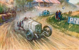Lautenschlager med den tyske Mercedes og Boillot med den franske Peugeot i deres store kamp under 1914 Grand Prix (farve litho)