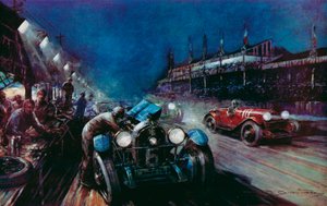 En af de succesrige Lorraine-Dietrich-biler, der genopfyldes ved pitten under natløbet i Le Mans 24-timers løb (farve litho)