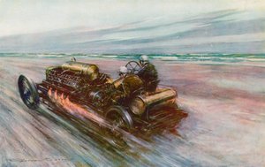 Den berømte "200" Darracq, som Sir Algernon Guinness, Bart, opnåede 120 mph med i 1908 (farve litho)
