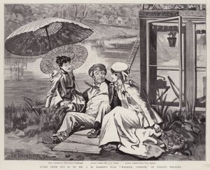 De engelske skuespillere Irene Vanbrugh, John Lawrence Toole og Mary Ansell i en produktion af J M Barries skuespil Walker, London, på Toole