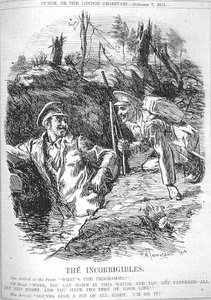 De uforbederlige. Ny ankommet til Fronten; "Hvad er programmet?", Old Hand; "Nå, du lægger dig ned i dette vand, og du får peppet hele dagen og natten, og du har dit livs tid!" Ny ankomst; "Lyder som lidt i orden. Jeg er i gang!" fra 