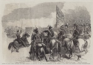 Gennemgang af Royal Horse Artillery and Field Batteries at Woolwich, af hertugen af Cambridge, i nærværelse af storhertug Michael af Rusland af Frederick John Skill