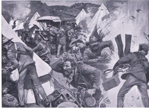Boere, der plyndrer den britiske lejr ved Nooitgedacht under artilleriild, fra After Pretoria: The Guerilla War udgivet af Harmsworth Bros Limited, 1901