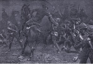 Major Boole-Smith tackler De Wet, fra After Pretoria: The Guerilla War udgivet af Harmsworth Bros Limited, 1901 af Frederick Judd Waugh