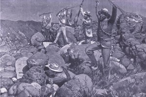Den fingerede overgivelse, der trak Liverpools ind i en desperat position, illustration fra After Pretoria: The Guerilla War, 1902 af Frederick Judd Waugh