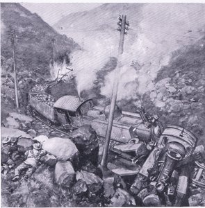 Ødelæggelsen af et pansret tog nær Vlakfontein, illustration fra After Pretoria: The Guerilla War, 1902 af Frederick Judd Waugh