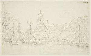 St Mary Redcliffe og Redcliffe Wharf fra Prince Street Bridge af Frederick Mackenzie