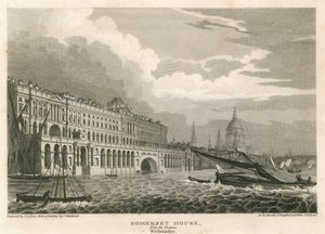 Udsigt over Somerset House, The Strand, London, fra Themsen, Westminster af Frederick Mackenzie
