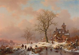 Vinterlandskab med figurer, der leger på isen, 1868