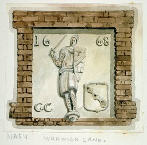 Billede af Guy, Earl of Warwick, på væggen af et hus i Warwick Lane, City of London, c1820. af Frederick Nash