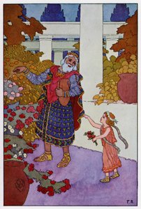 Kong Midas dryssede resten af vandet over rosenbuskene (farve litho)