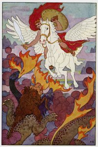Pegasus startede lige mod kimærens tredobbelte hoved (farve litho)