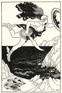Perseus fløj forsigtigt nedad og holdt stadig øjnene på Medusas ansigt, som det reflekterede i hans skjold (litho)
