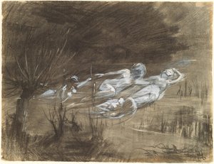 Kvinde, der flyder i en flod, overværet af to kvindelige ånder af Frederick Trapp Friis