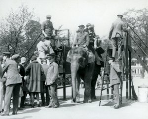 Besøgende, der står i kø til en elefanttur, mens andre går om bord med hjælp fra fem vogtere, London Zoo, 1927 af Frederick William Bond