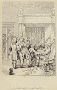 Le Malade Imaginaire: satire, der skildrer forfatteren og botanikeren John Hill i sengen, der konsulteres af en række læger, der alle er fast besluttet på at sikre deres honorar
