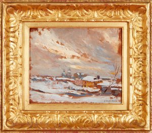 Et vinterlandskab med fjerne kupler, Rusland (olie på panel) af Frederick William Jackson