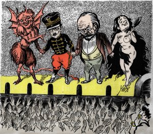 Rehabilitering af Dreyfus: konklusionen, hovedpersonerne klappes af publikum. Fra venstre mod højre, djævelen, der førte sagen, kaptajn Alfred Dreyfus, Emile Zola og Nøgen True. York satirisk vignet. af Frederick York