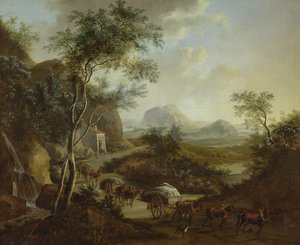 Landskab med en konvoj af heste og vogne
