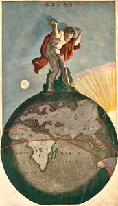 Atlas, der understøtter den himmelske hvælving, løfter på Jorden (ætsning