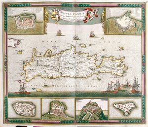 Kort over øen Kreta, med udsigt over de befæstede byer La Cane og Heraklion og fæstningerne Spinalonga, Retino, Thine og Souda (ætsning af Frederick de Wit