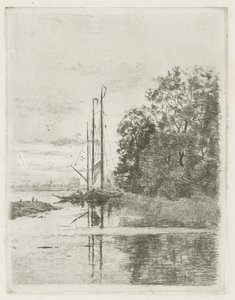 Flodudsigt med to skibe og en pram. af Fredericus Jacobus van Rossum du Chattel (signed by artist)