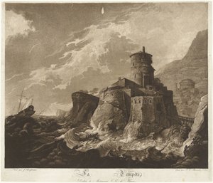 Slot på klippekysten og skibe i storm på havet La Tempête (titel på objekt)