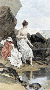 Kvinde ved havet bader i skjul - allegori om sommeren, kalender illustreret af Hubert Dys, malet af F.H. Kaemmerer