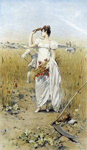Kvinde med hvede og valmuer - sensommer allegori, kalender illustreret af Hubert Dys, malet af F.H. Kaemmerer