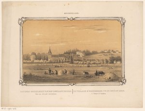 Udsigt over Oosterbeek med figurer, der laver hø Landsbyen Oosterbeek kan ses fra Rijnkant. En time væk fra Arnhem. (titel på objekt) Gelderland (serietitel på objekt)