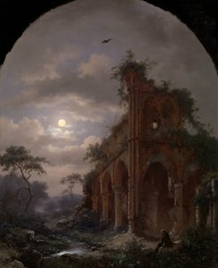 Munk mediterer nær en ruin ved måneskin Mediterende munk ved en ruin om natten af Frederik Marinus Kruseman (signed by artist)