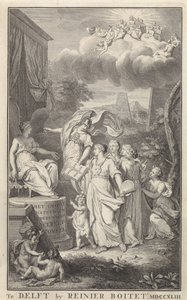 Minerva and the Arts for en tronende figur Titelside for: The Groot Natuur- en Zedekundigh Wereldtoneel, Delft, R. Boitet, 1743