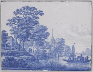 Rektangulær plakette med flodlandskab af Frederik van Frytom (attributed to)