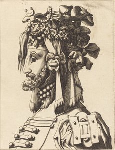 Buste af en mand i et ekstravagant kostume af French 16th Century after René Boyvin or Pierre Milan