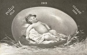 1915, påskekort, der viser allerede bevæbnet babysoldat i æg af French Photographer