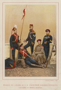 Den russiske hær: Regiment of Lancers Of H M Kejserinde Alexandra-Feodorovna, kavalerer i forskellige dragter (foto) af French Photographer