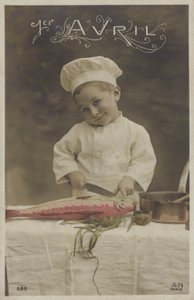 Lille dreng laver en fisk (farvefoto) af French Photographer