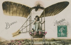 Nytårs lykønskningskort af en pige i et fly, 1913 (håndfarvet foto) af French Photographer