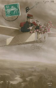 Postkort af en flyver, der leverer blomster, sendt den 6. juni 1913 (håndfarvet foto) af French Photographer