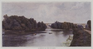 Floden Marne og Viaduct of Nogent, Frankrig (farvefoto) af French Photographer