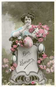 Kvinde med blomster og æg (farvefoto) af French Photographer