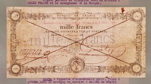 1000 Francs seddel fra 8 Floreal, An X (28. april 1802) (blæk på papir) af French School