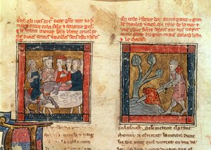 184 Fr.110 f.405 Galahad kommer til Arthur og Galahad trækker sværdet fra den flydende sten i floden ved Camelot, ca. 1250-80 (se også 150479) af French School