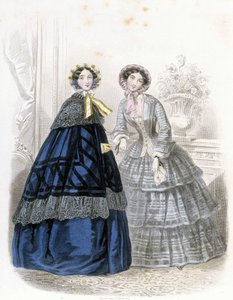 2 moderigtige kvinder: i outfit - i "" Journal des Demoiselles"" 1852 (gravering) af French School