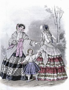 2 moderigtige kvinder med en pige på gåtur - i "Journal des Demoiselles"" 1852. af French School