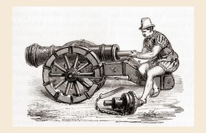 En tysk kanon fra det 16. århundrede, fra Les Merveilles de la Science, udgivet ca. 1870 (gravering) af French School