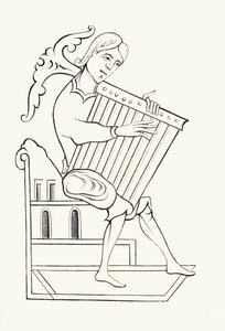 En musiker fra det 9. århundrede, der spiller et musikinstrument kendt som et psalterium, fra 